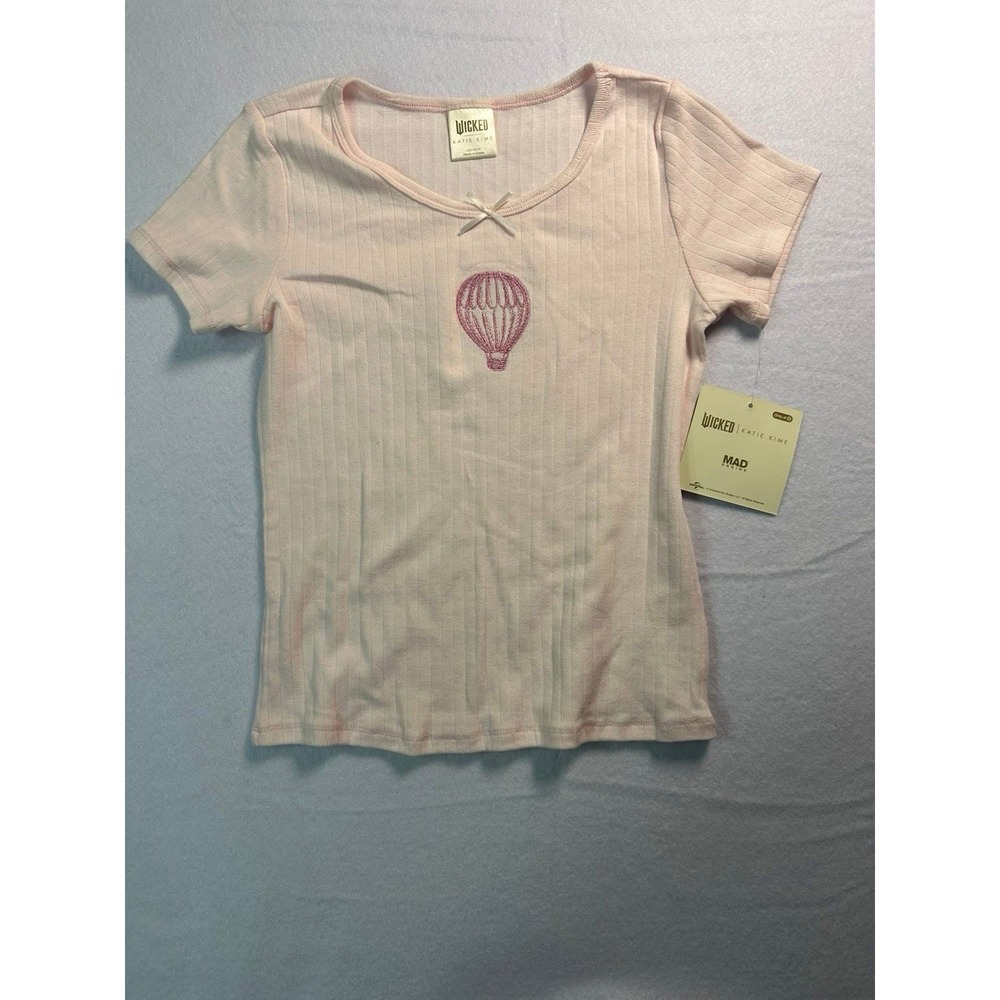 Wicked Katie Kime Girls Pink Ribbed Hot Air Balloon Embroidered T Shirt Size‎ L